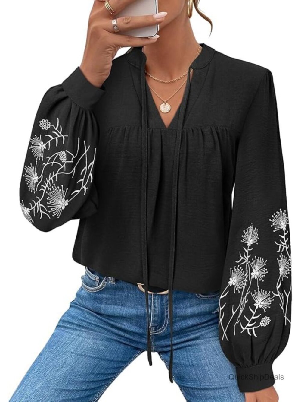 LOOKBOHO Womens Floral Embroidered Boho Top Dressy Casual Long Sleeve Shirt